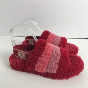 Ugg Fluff Yeah Red Pink Striped Slingback Slippers Girls Size 4 Loungewear Comfy